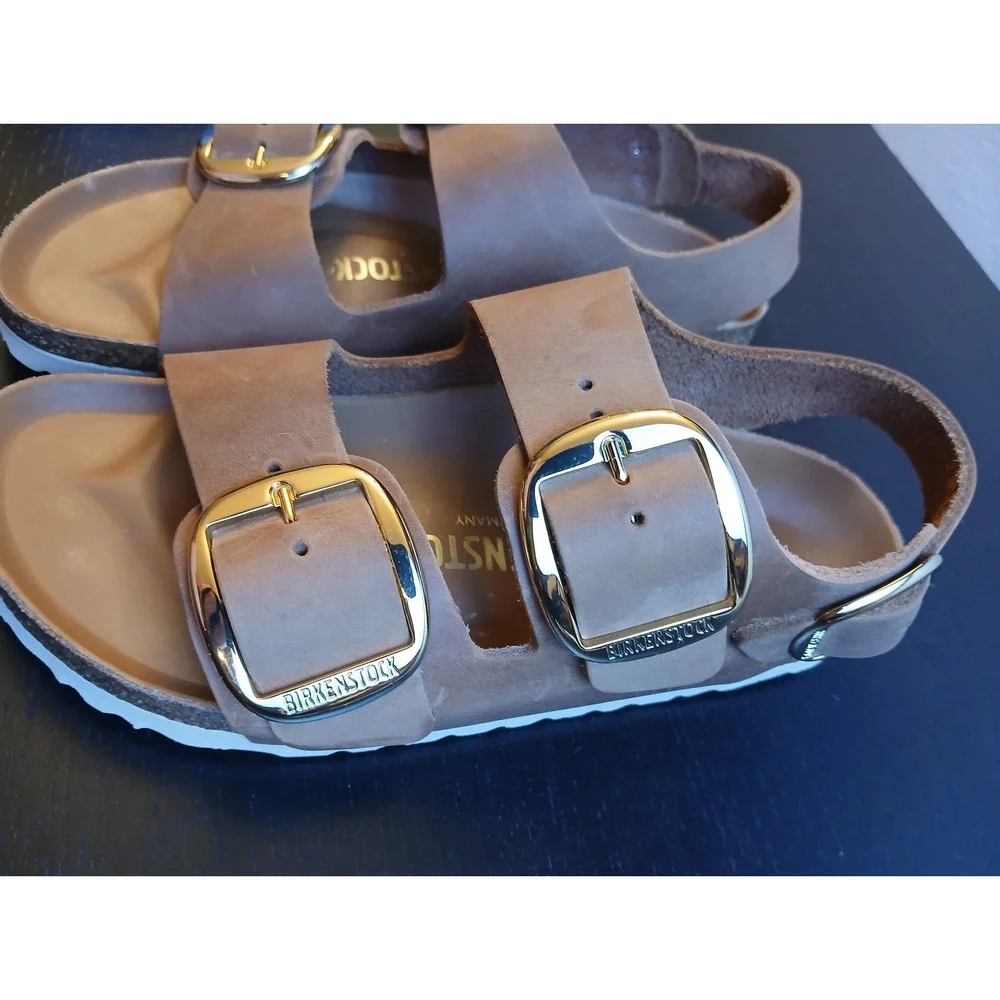 Birkenstock Milano Big Buckle Sandals Cognac Oiled Leather EU 36 US 5 Gold